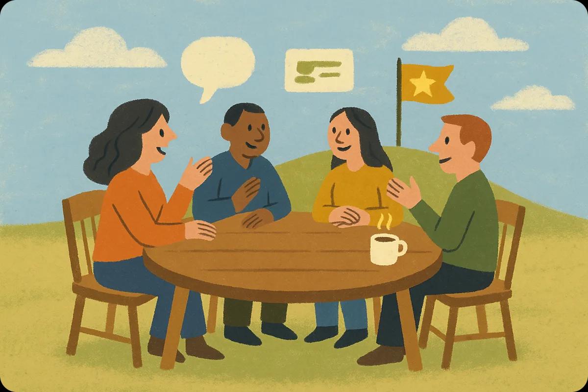 Illustration of four people gathered around a round table with coffee