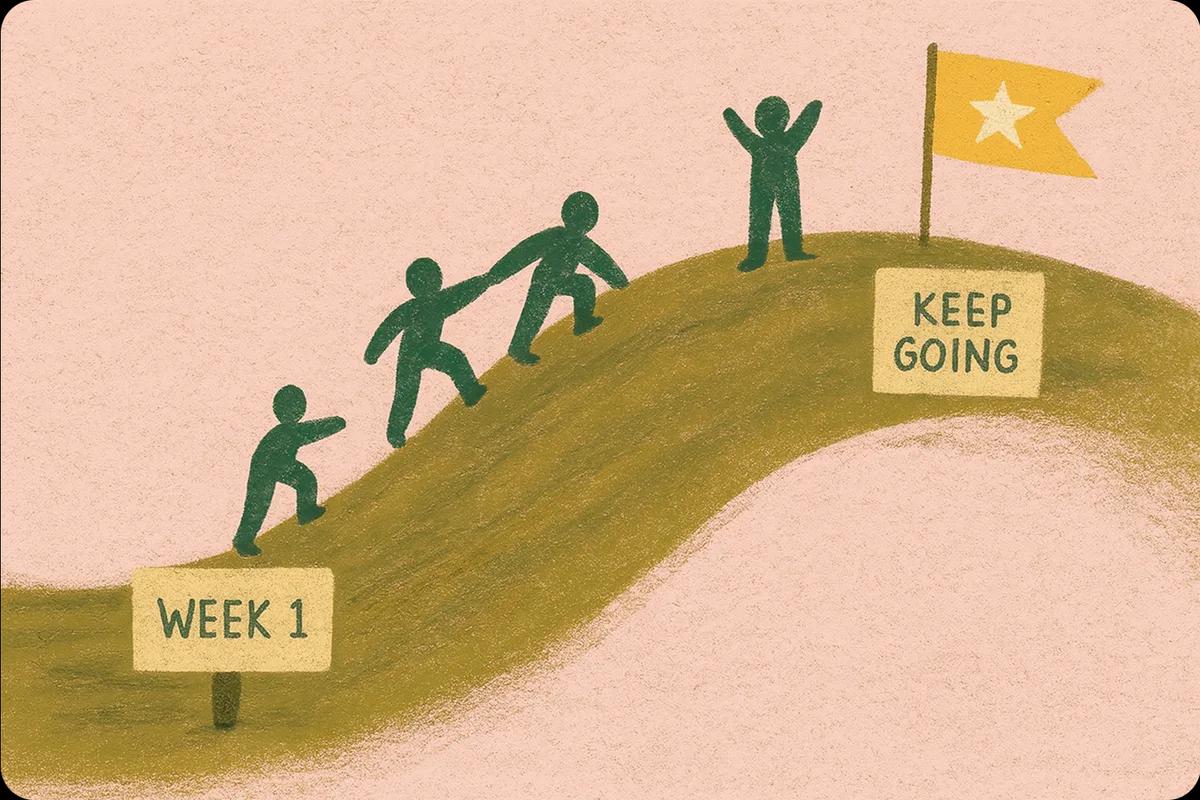 Illustration of figures climbing a hill from a "WEEK 1" flag toward a "KEEP GOING" banner