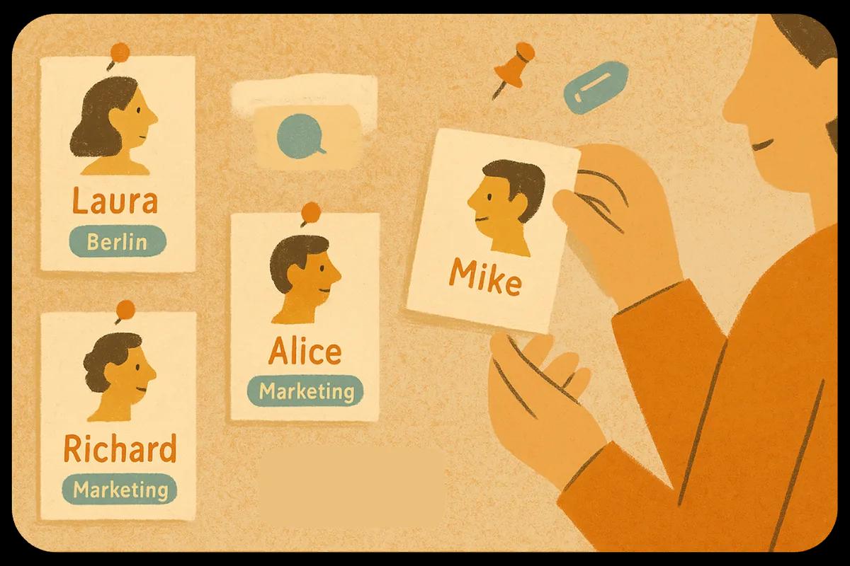 Illustration of a pinboard covered in member profile cards, each with a name and tags