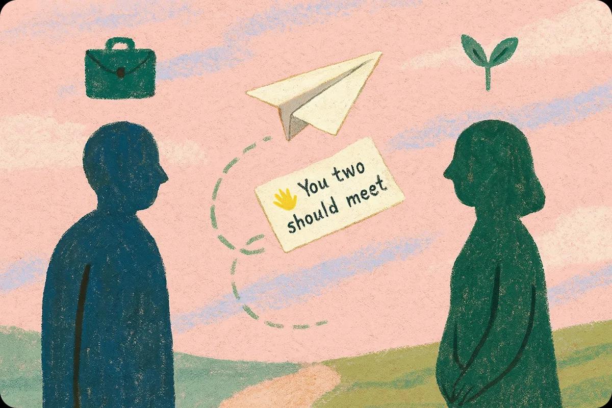 Illustration of two people connected by a paper airplane, with a note reading "You two should meet"